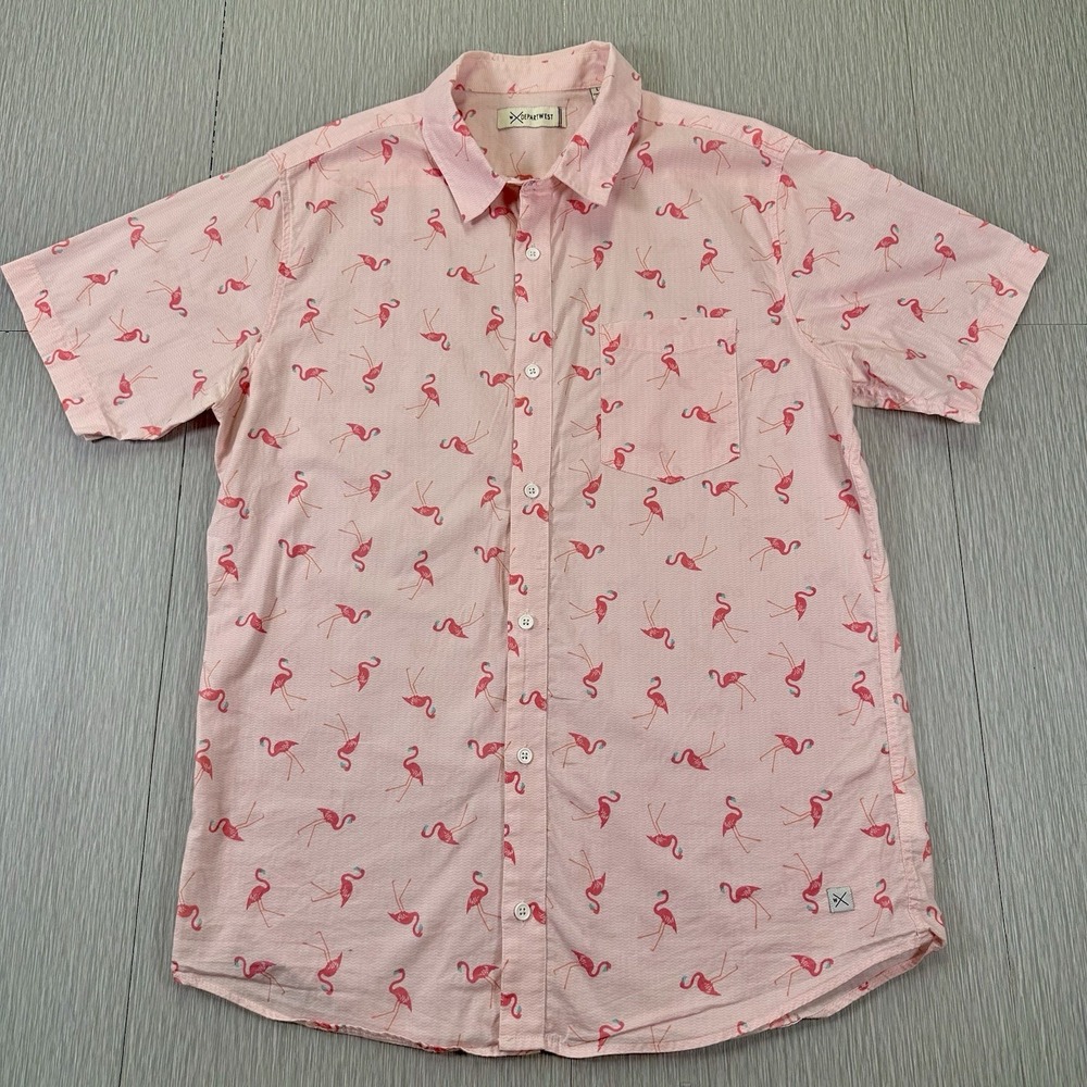 DEPARTWEST Men's  Flamingo Short Sleeve Button Down‎ Shirt  Pink LARGE
